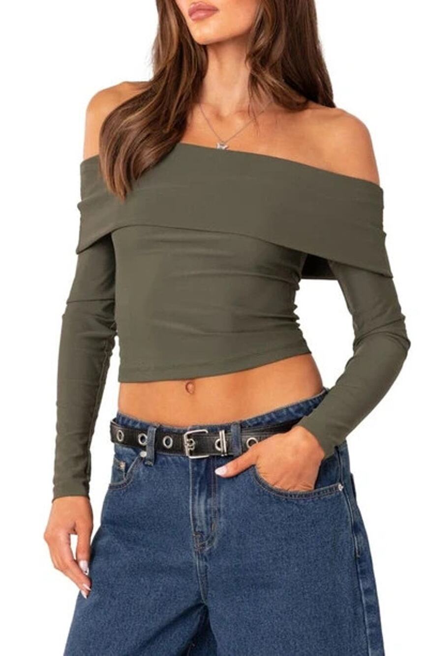 EDIKTED Brea Foldover Off The Shoulder Long Sleeve babydoll top Olive S A011222